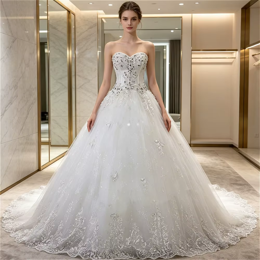 Robe de mariée élégante sur mesure grande taille, coupe trapèze, col en V, avec appliques en dentell