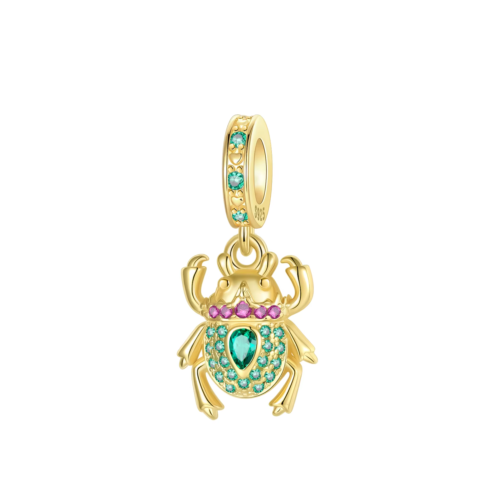 Breloque en argent sterling 925 en forme de scarabée doré avec pierre CZ arc-en-ciel mystique, desig