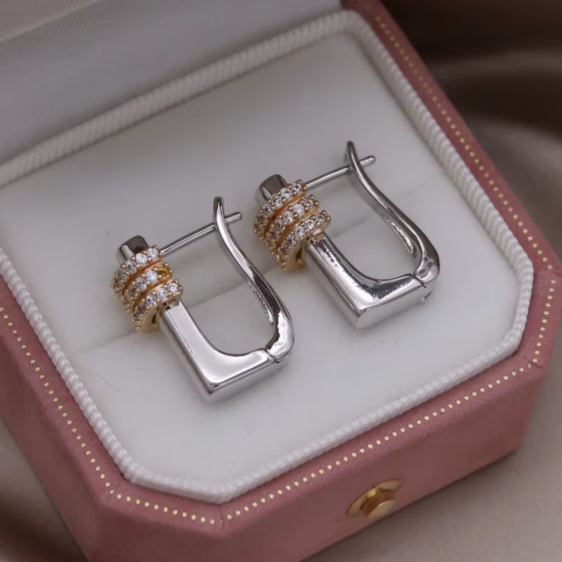 Boucles d'oreilles géométriques en zircon plaqué bicolore, nouveaux bijoux à la mode française, gout
