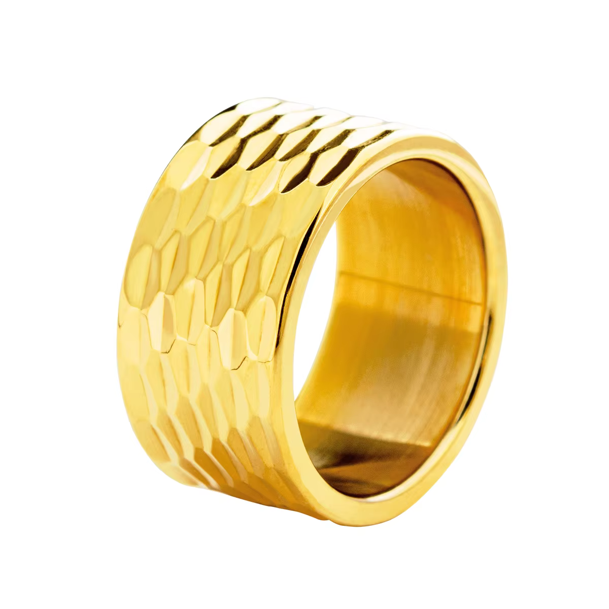 Bague en acier inoxydable pour hommes, couleur argent, martelée, multi-facettes, bords étagés polis,