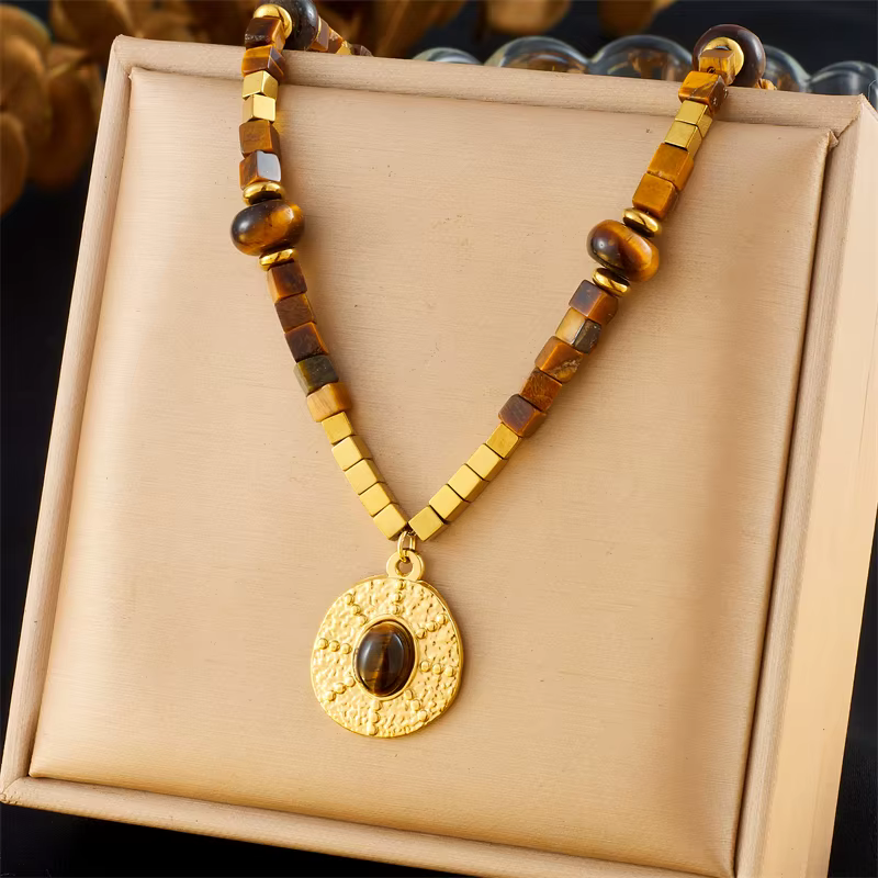DIEYURO SION L-Collier pendentif œil de tigre vintage pour femme, acier inoxydable, perles carrées, 