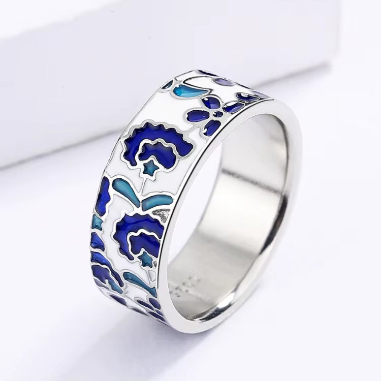 Bague en argent 925 pour femmes, nouvelle collection exquise, fleur en émail bleu, bijoux en émail f