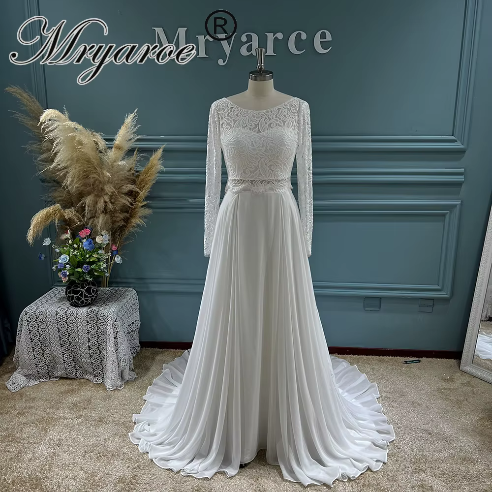 Mryarce – robe de mariée rustique en deux pièces, haut court en dentelle, manches longues, jupe flui