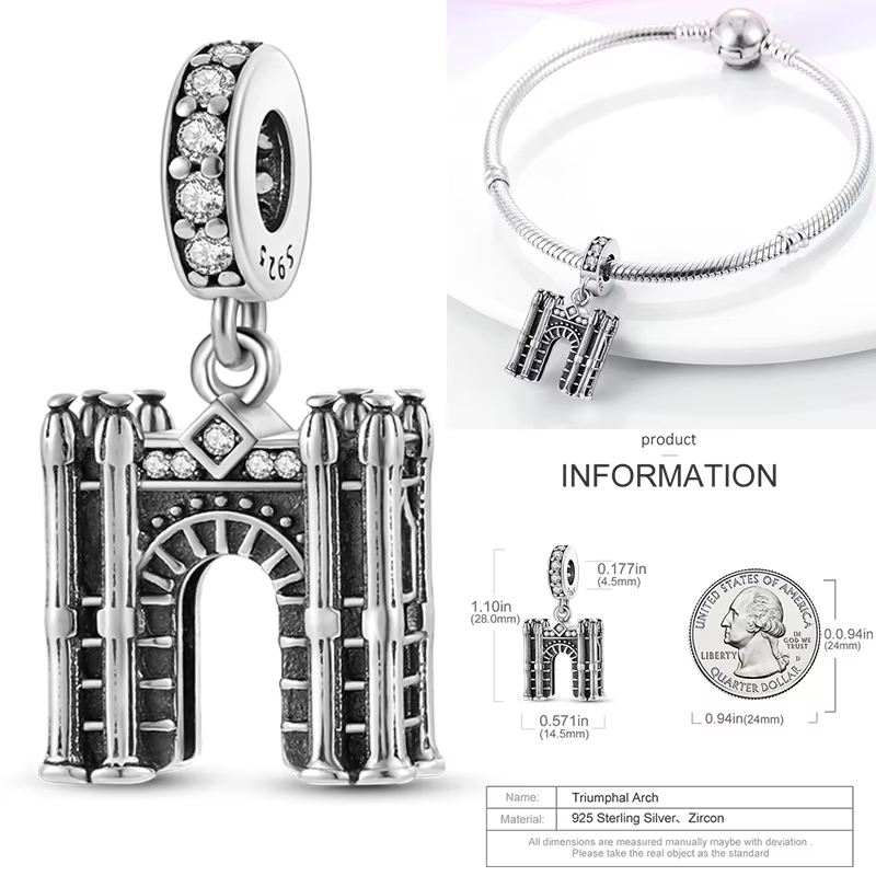 Breloques d'église en argent Sterling 925, arc de triomphe de Paris, tour Eiffel, château, adaptées 