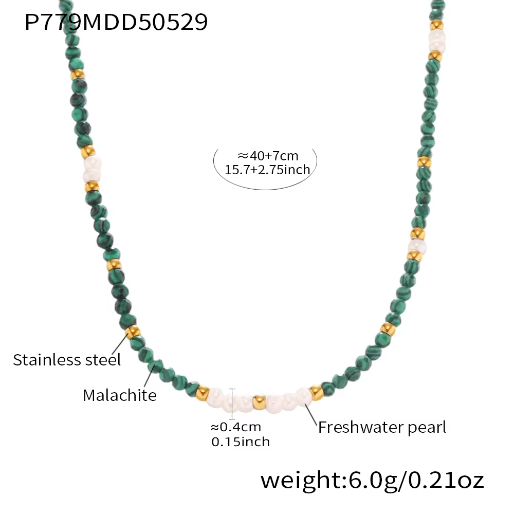 Collier Malachite pour femmes, en acier inoxydable plaqué or, chaîne de pierres naturelles imperméab
