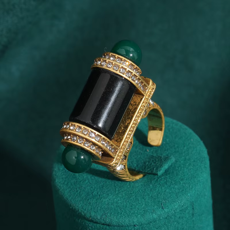 Bagues noires Vintage en strass pour femmes, Agate ouverte, couleur or, marques de luxe, bijoux, acc