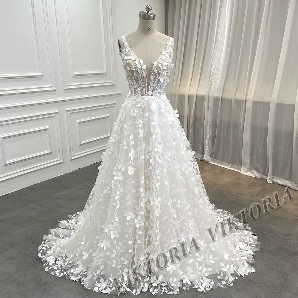 VIKTORIA robes De mariée modernes pour femme 2025 mariée col en v sans manches a-ligne 3D fleur Appl