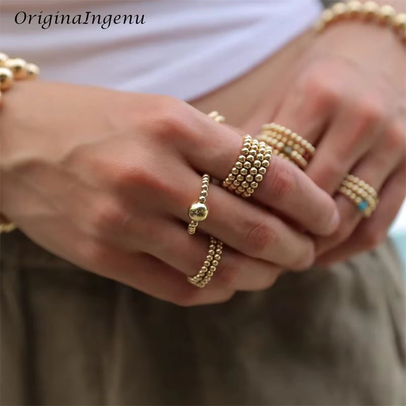 Bague Perlée Remplie d'Or 14K pour Femme, artificiel astique, Faite à la Main, Grosse Boule, Perlée 