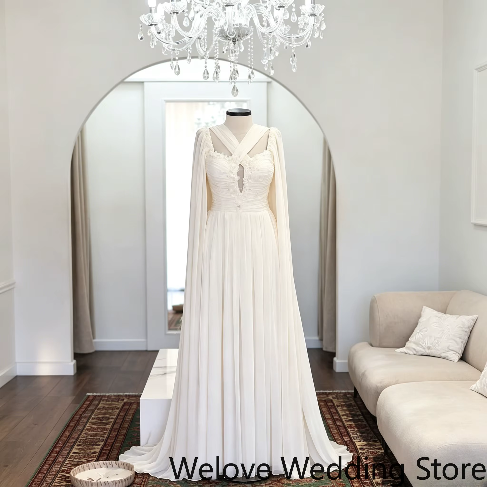 Robe de mariée avec encolure halter croisée effet cache-cœur, découpe centrale en forme de clé, cors