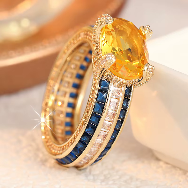 Bague de luxe légère incrustée de zircon synthétique jaune et bleu, style rétro palais pour femme, a