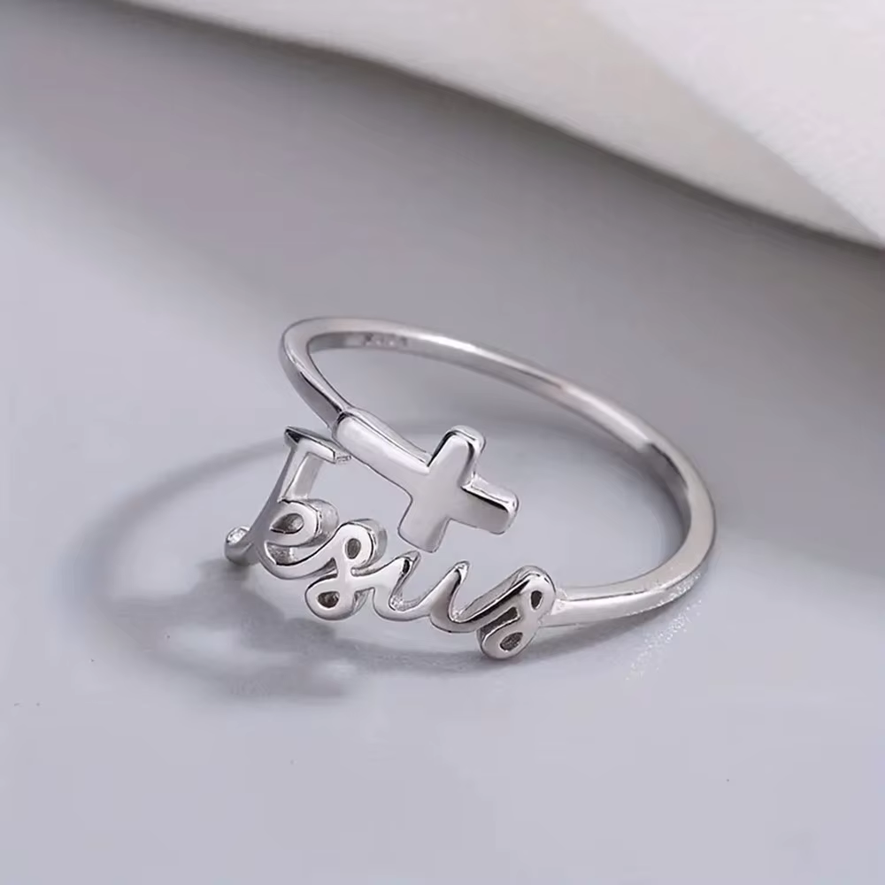 Bague en Zircon pour femmes, couleur argent, croix jésus, lettre Simple, je peux faire toutes les ch