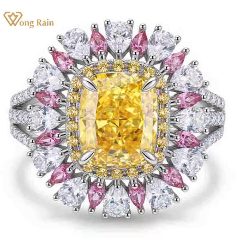 Wong Rain – bague réglable en argent Sterling 925, 7x9MM, coupe glace pilée, Citrine, diamant à haut