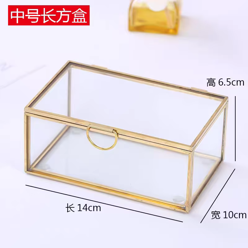 Boîte à bijoux en verre vintage en laiton doré, bord en dentelle, rectangle géométrique, présentoir 
