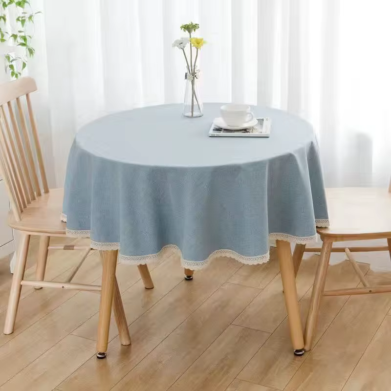 Nappe ronde de couleur unie avec dentelle, en coton et lin, bleu/rouge/gris/rose, couverture de déco