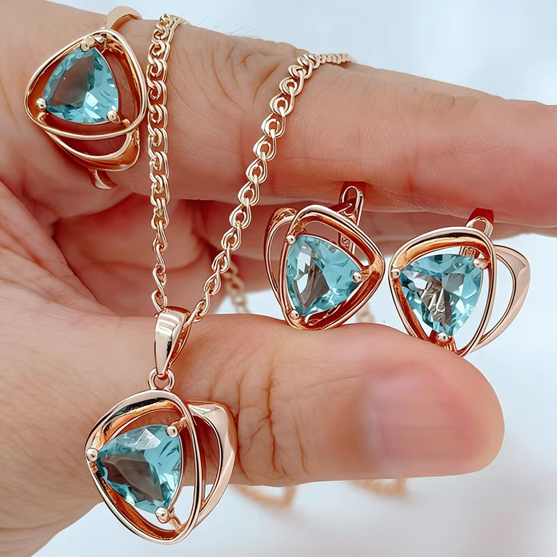 Kinel – ensemble de bijoux en Zircon naturel bleu brillant pour femmes, bague, boucles d'oreilles, c