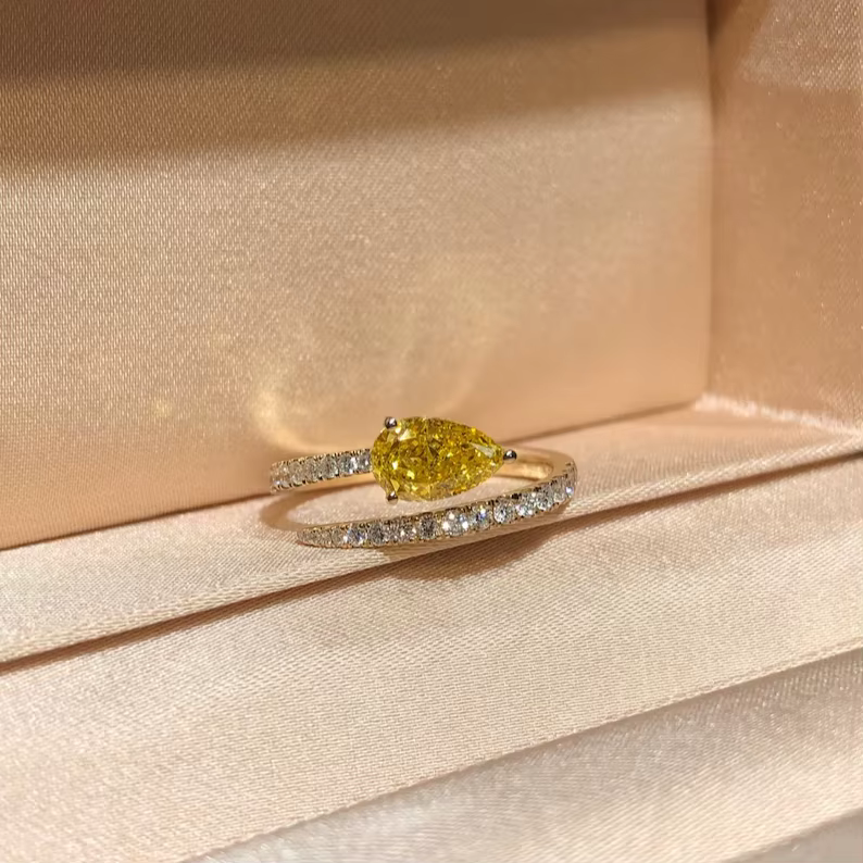 Bague simple pour femme - Bijou en zircon jaune brillant en forme de goutte d'eau, bijoux ajustables