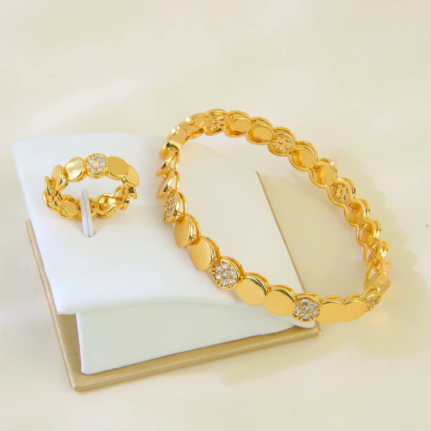 Bijoux brésiliens de luxe en or, ensemble de bagues, plaqué or 21 carats, zircone italienne, Bracele