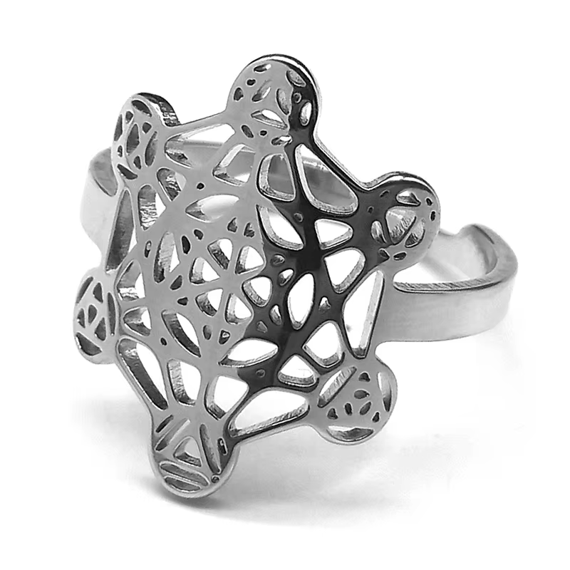 Grand anneau géométrique Cube métatron archange pour femmes et hommes, en acier inoxydable, couleur 