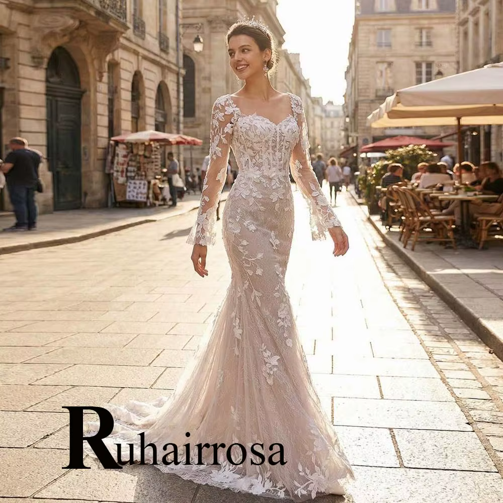 Ruhair – robe de mariée sirène à la mode, manches évasées, appliques en dentelle, corset, fermeture 