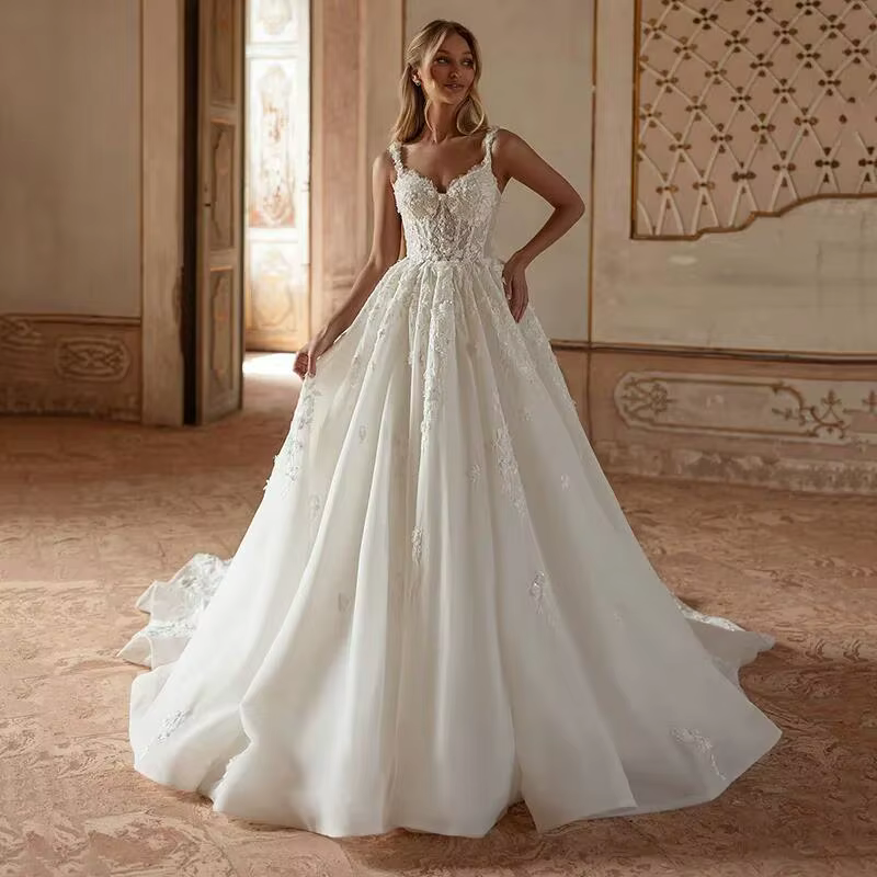 Robe de mariée princesse en Tulle, ligne a, bretelles Spaghetti, Sexy, dos nu, luxe, avec des appliq