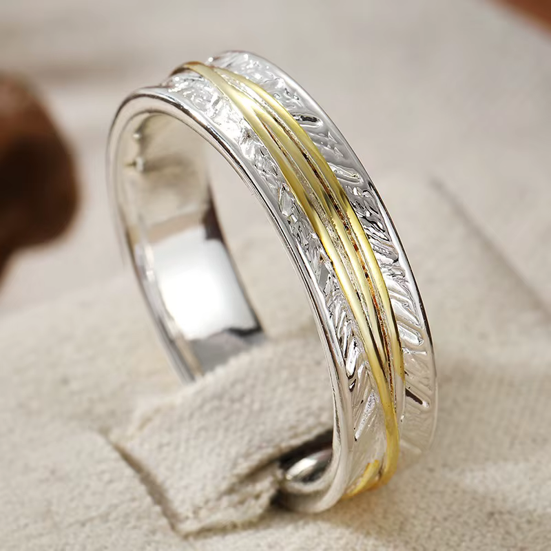 Bague large vintage sculptée à la main pour femme, en métal bicolore, géométrique, pour usage quotid