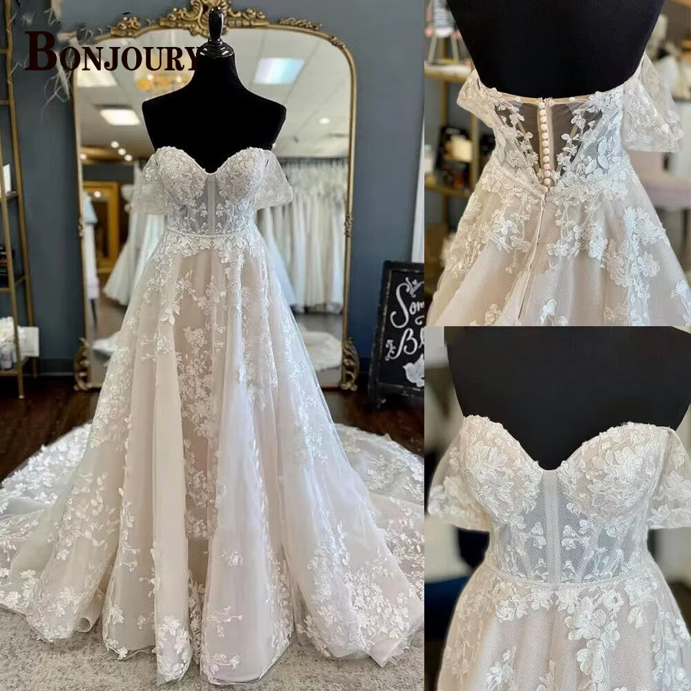 BONJOURY Robe De mariée luxueuse pour mariée épaules dénudées Appliques bouton a-ligne Robe De soiré