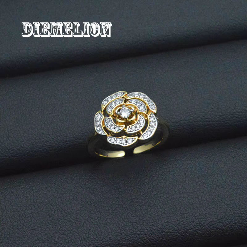 Bague romantique à trois fleurs plaquée or 18 carats, anneau camélia réglable pavé AAA CZ pour femme