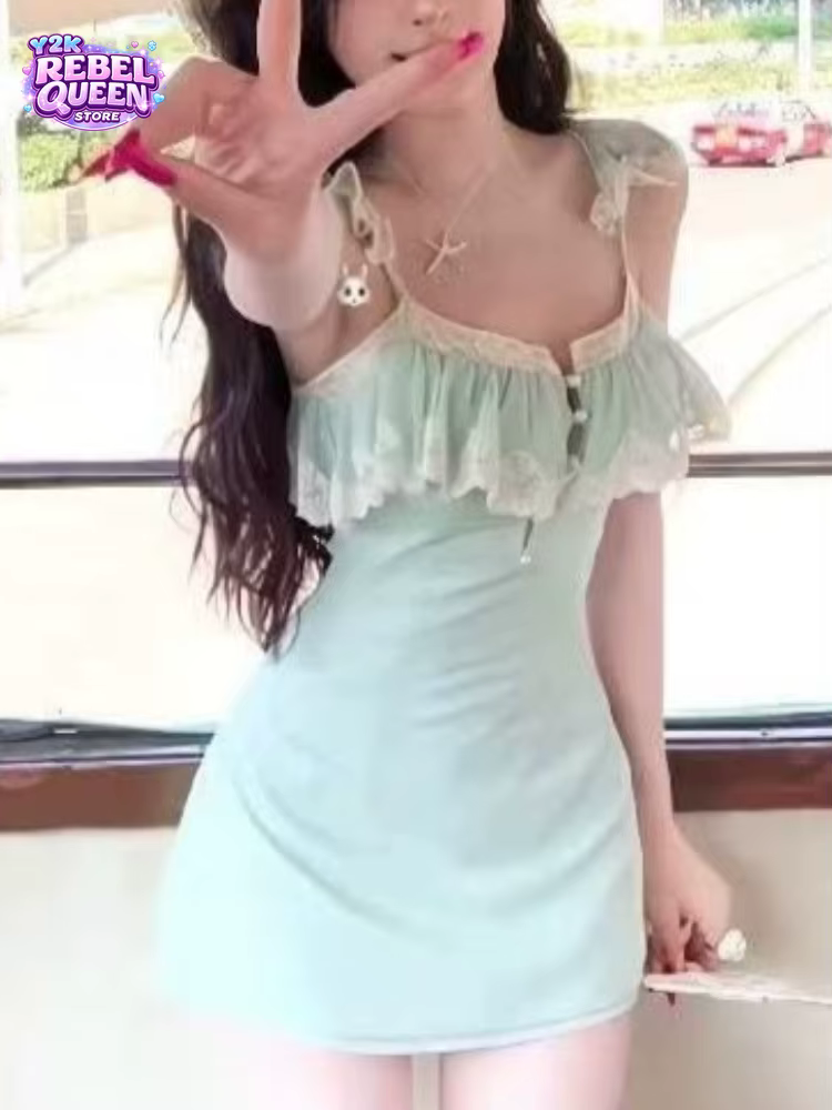 Robe mini moulante à volants en dentelle style coquette française pour femme, bretelles spaghetti, m