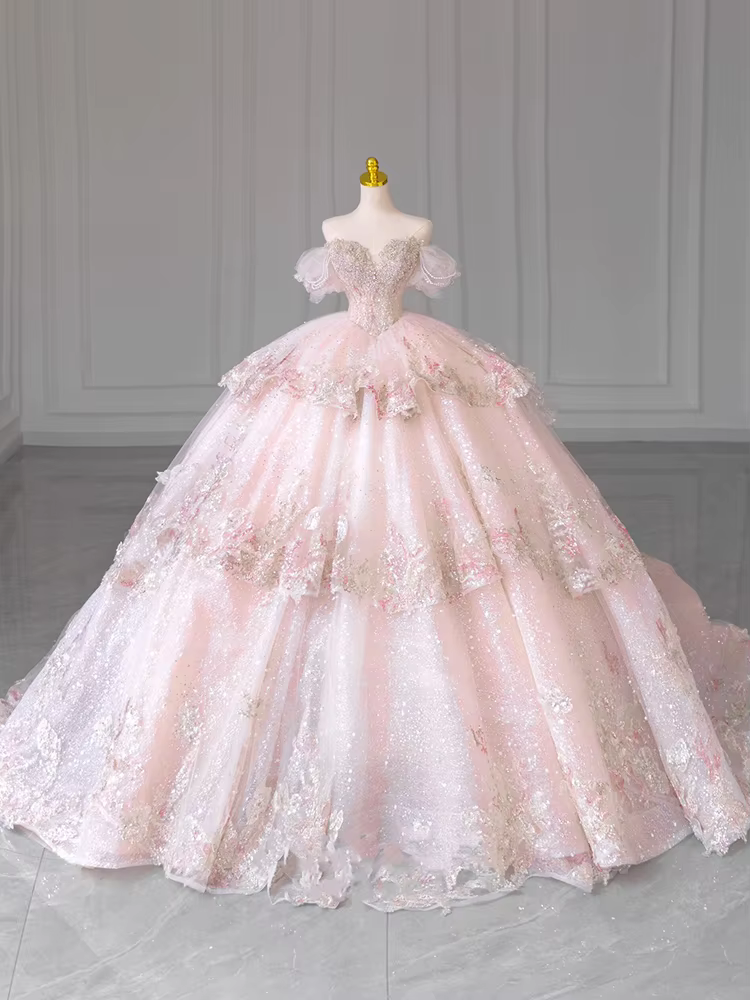 Robe de Mariée Princesse Rose Personnalisée, Style Cour Française, Longue Traîne Fugitive, Éducative
