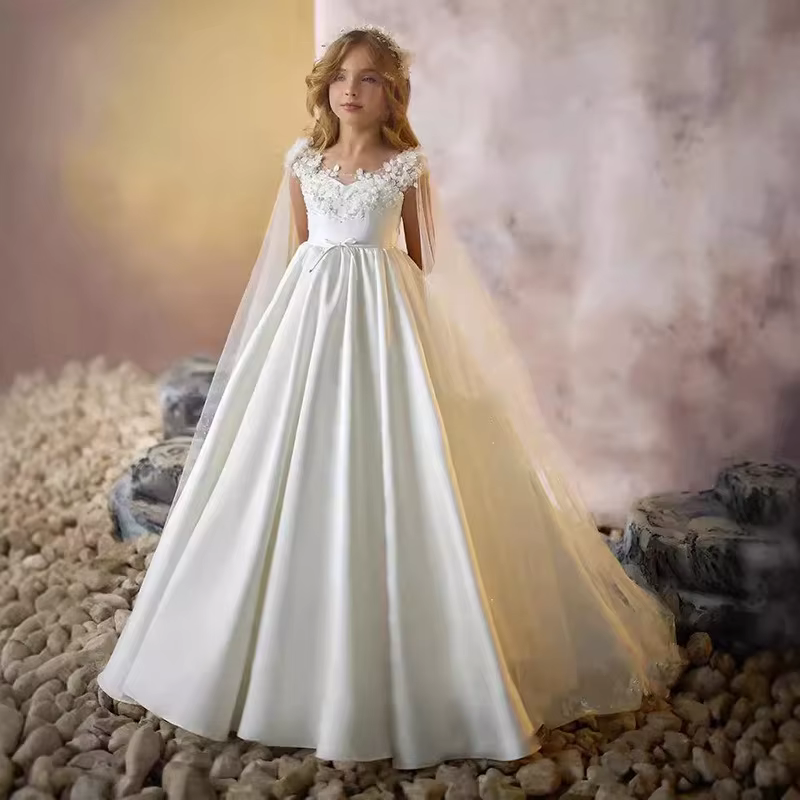 Robe de mariage blanche pour filles, à fleurs, sans manches, robe de bal, longue traîne, fête, conco