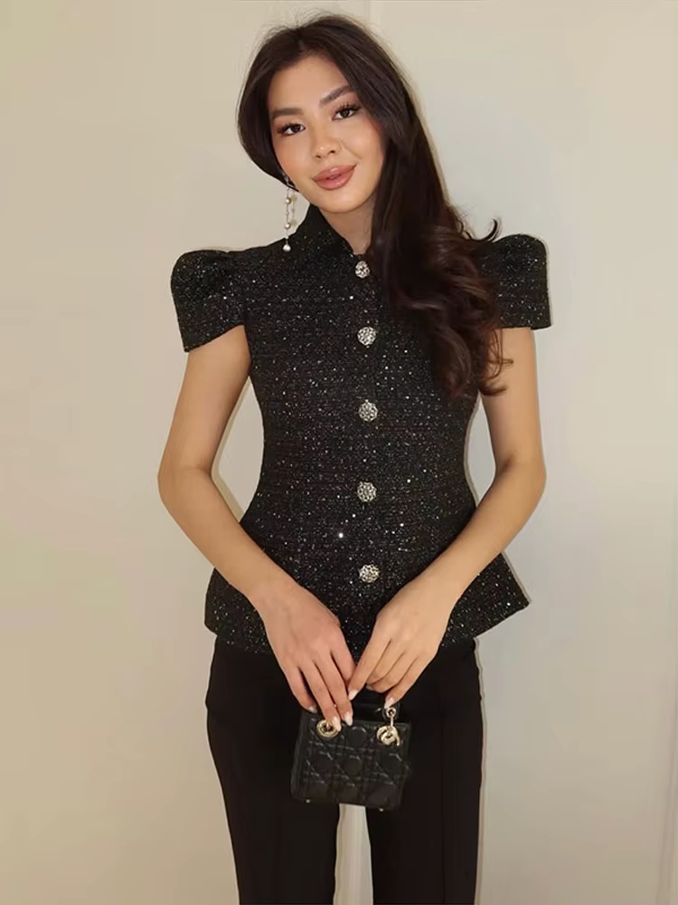 Blazer élégant pour femme à manches courtes, tendance, décontracté, pour le travail, avec taille cin