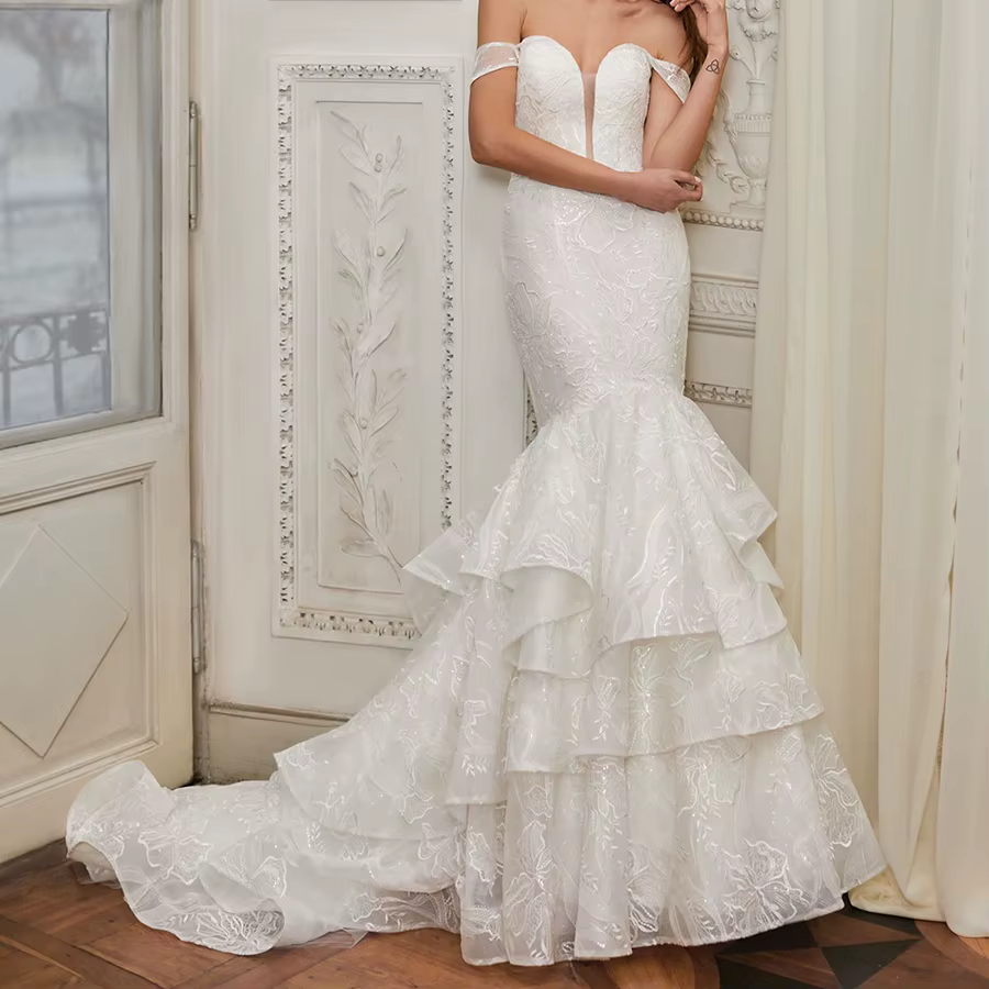 Robe de mariée sirène/trompette en dentelle, simple, longueur ras du sol, avec traîne balai/brosse, 