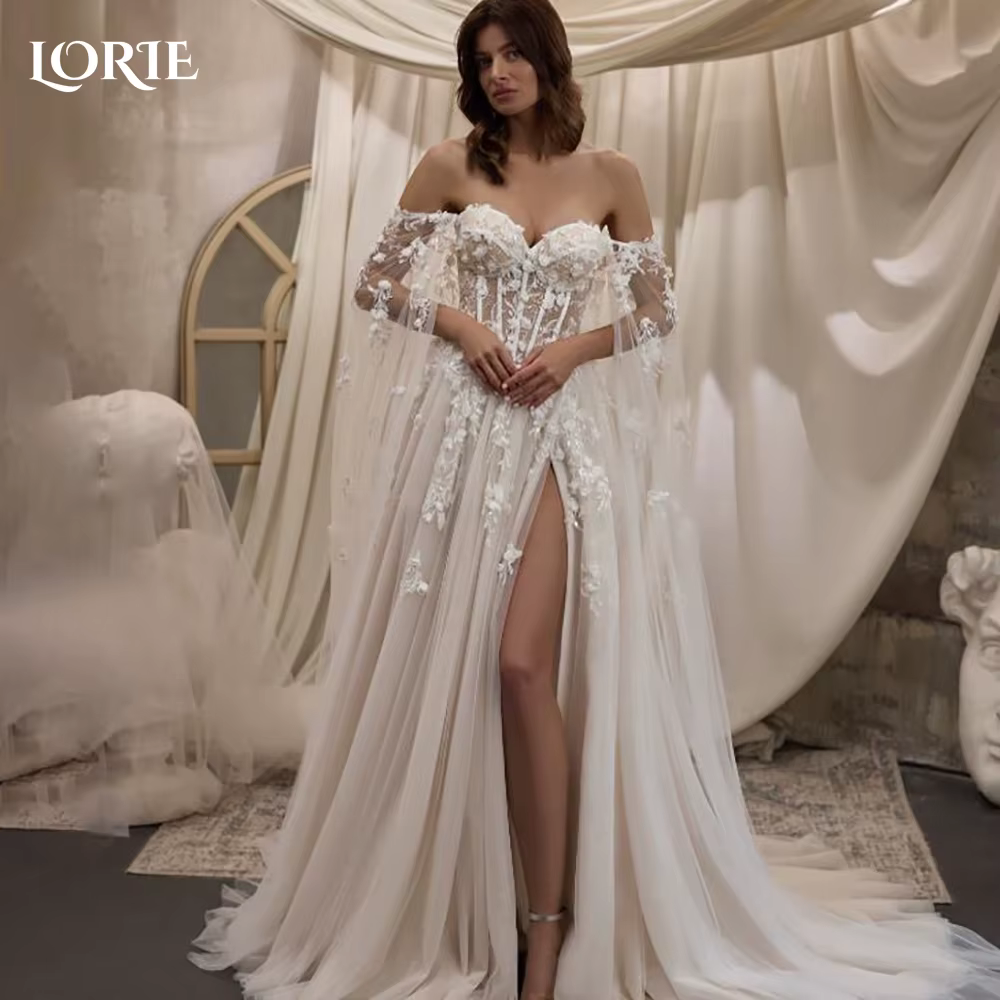 LORIE-Robe de Mariée Élégante en Dentelle, avec des Appliques, Sans Bretelles, Ligne A, Châle, de Lu
