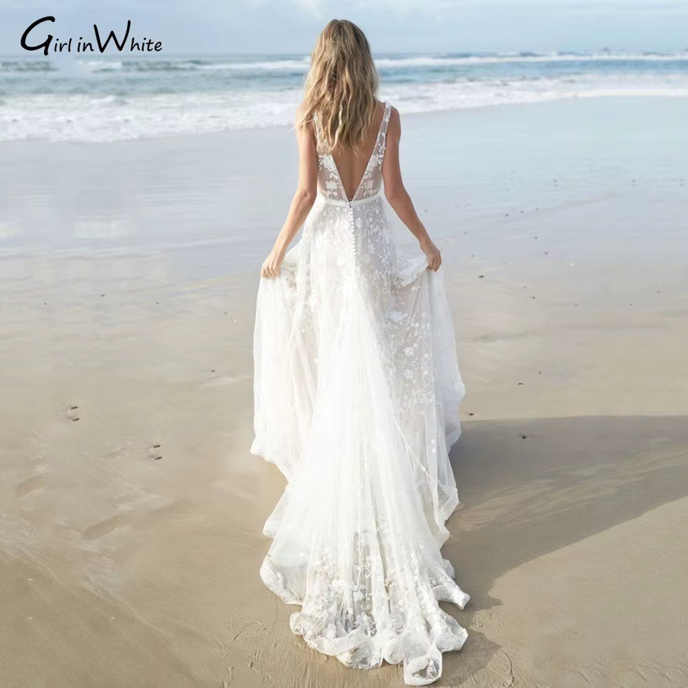 Robe de Mariée en Dentelle Style Boho, Dos aux, Col en V, Personnalisée, Bretelles Spaghetti, pour P