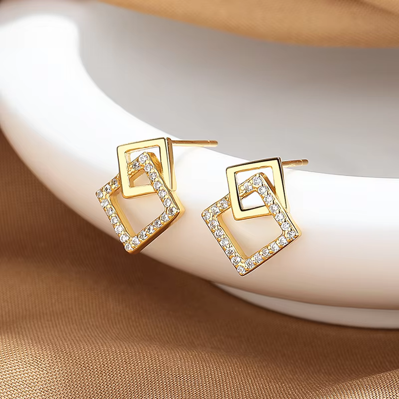 YLMyself 925 boucles d'oreilles carrées en argent pour femmes pavé CZ géométrique mode coréenne bureau dame bijoux