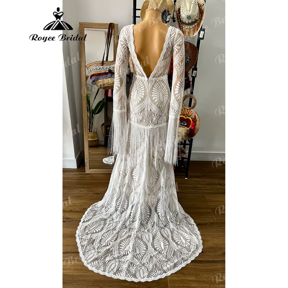 Elopement-Robe de Mariée Bohème en Dentelle à Manches sulfpour Femme