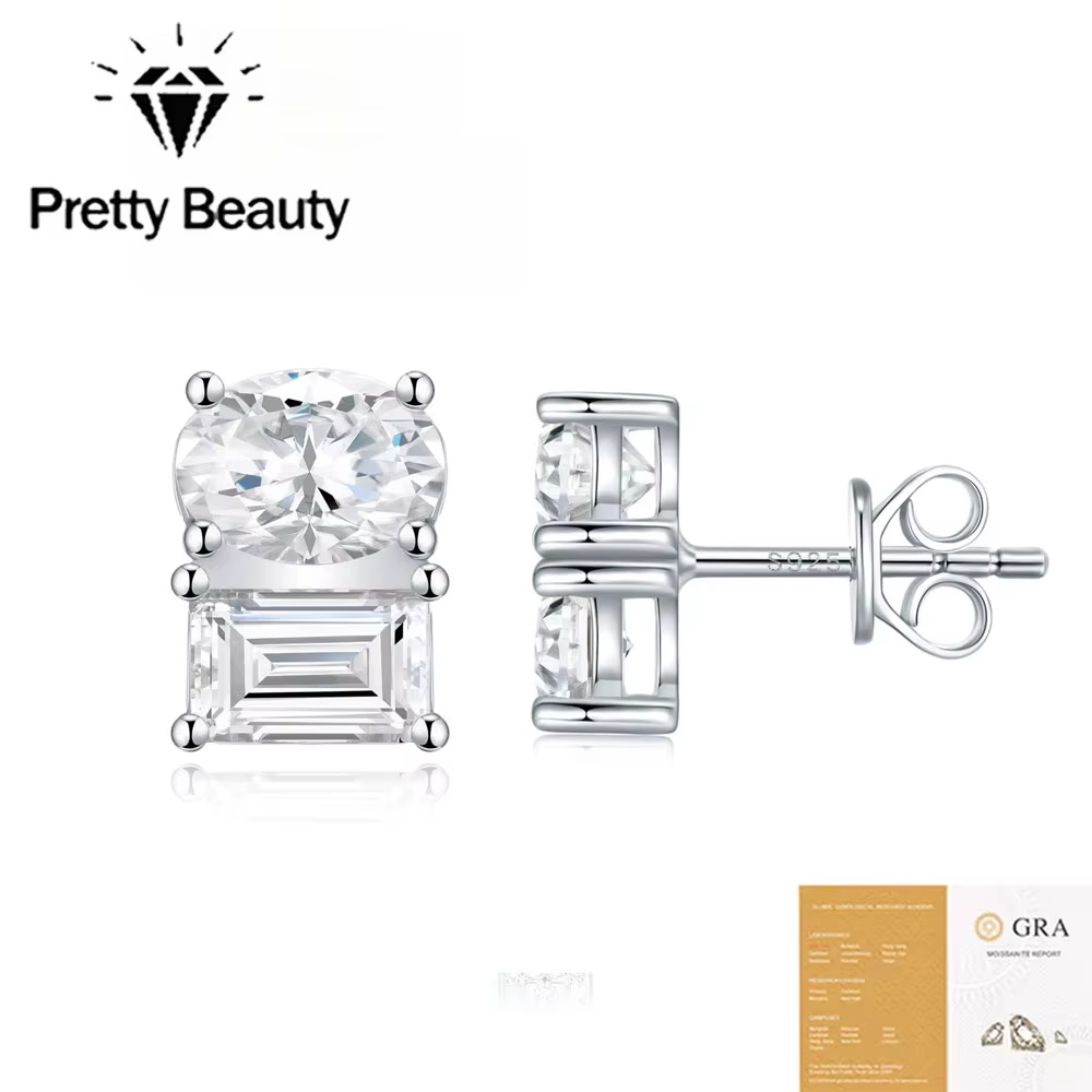Pretty Beauty Boucles d'oreilles clous Toi et Moi en argent sterling 925 avec moissanite taille émeraude ovale pour