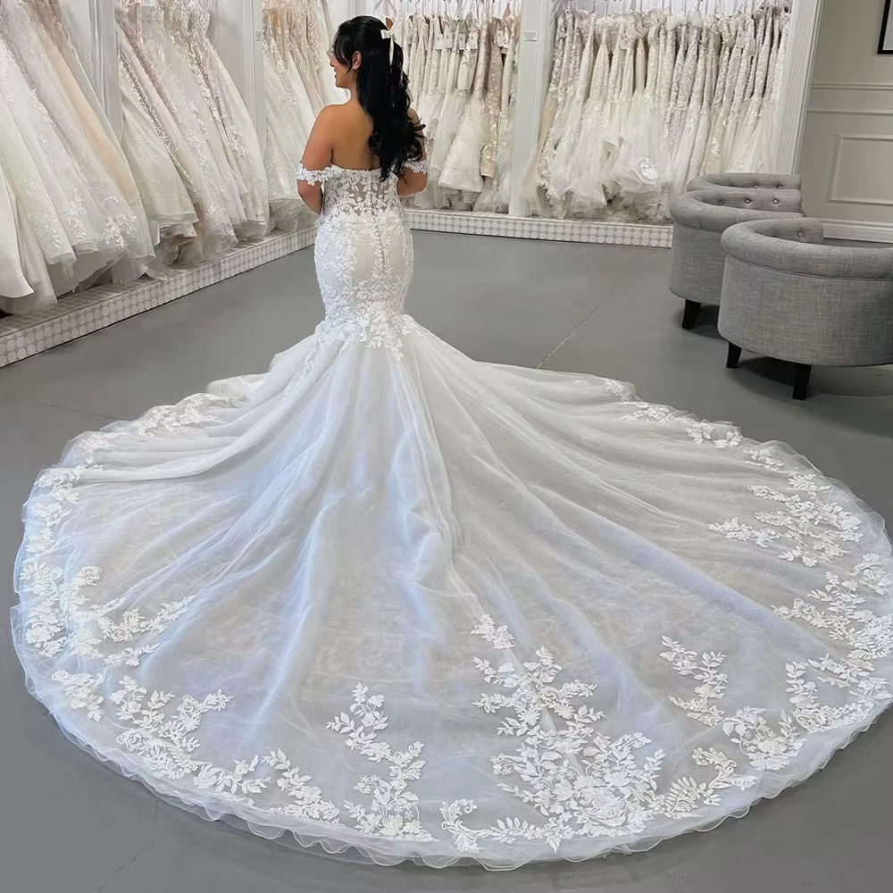 Superbe robe de mariée sirène chérie hors de l'épaule imprimé fleuri drapé