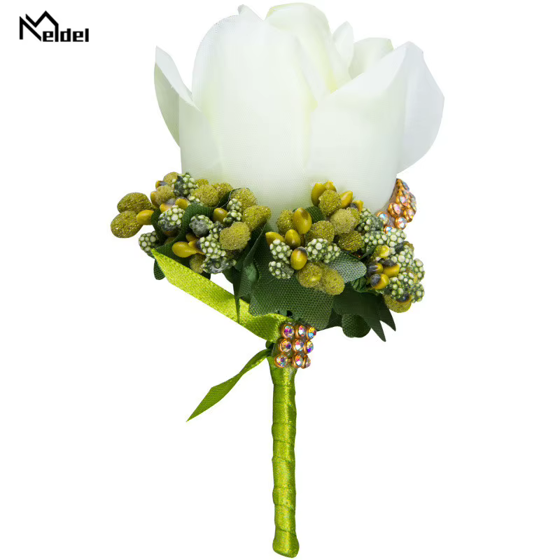 Meldel Mariage Corsages et boutonnières Roses artificielles soie marié boutonnière fleur Groomsman
