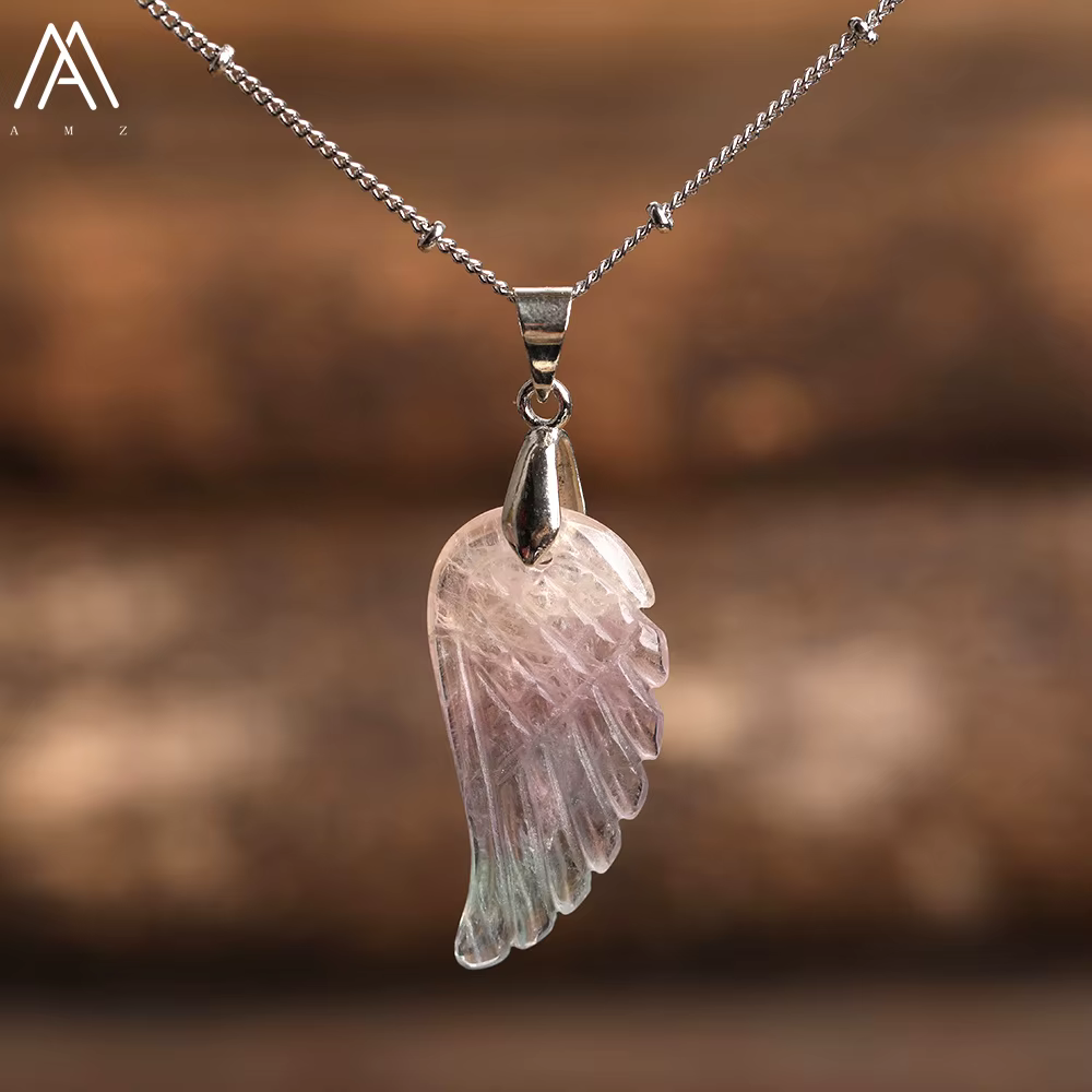 Collier Aile d'Ange Pendentif en Pierre Naturelle Cristal de Quartz Rose Chaîne en Argent Bijoux de Mode pour Femmes Cadeau Quotidien pour Fête Accessoire