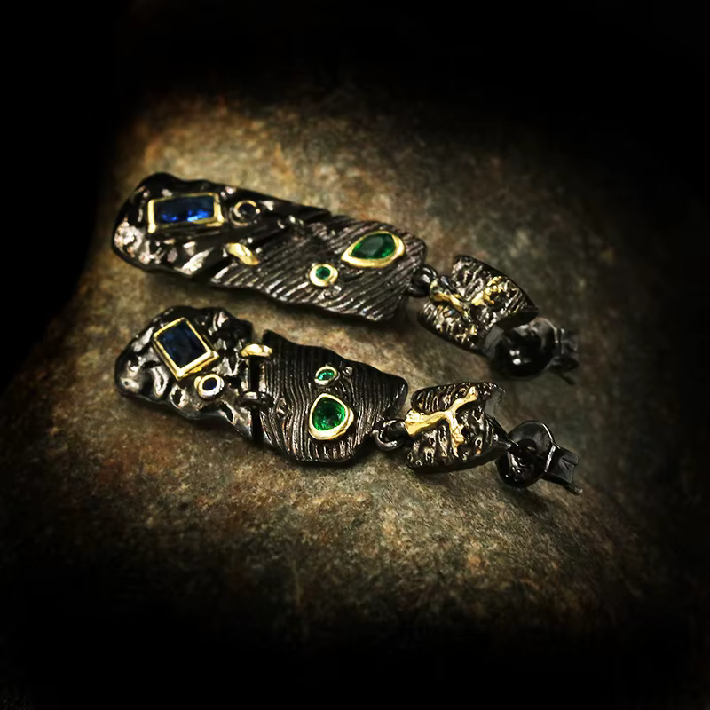 Boucles d'oreilles ethniques rétro en argent 925 plaqué or noir avec pierre verte