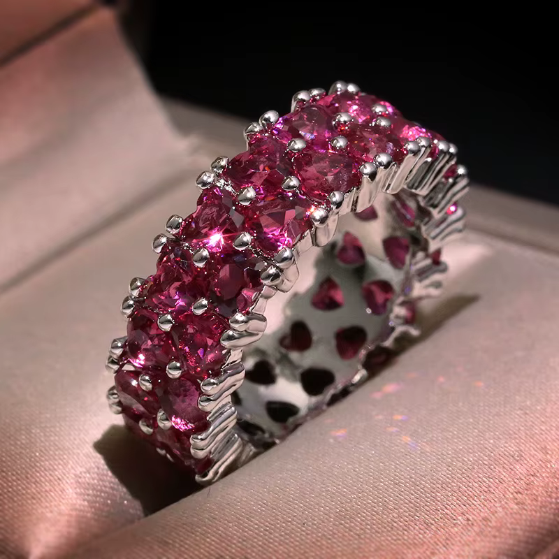 Mode dame 925 argent luxe rose en forme de coeur plein diamant Zircon bague de fiançailles bijoux de mariée cadeau de