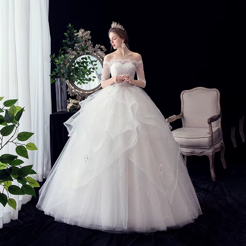 Gryffon-Robe de Mariée à Demi-Manches et Col Bateau