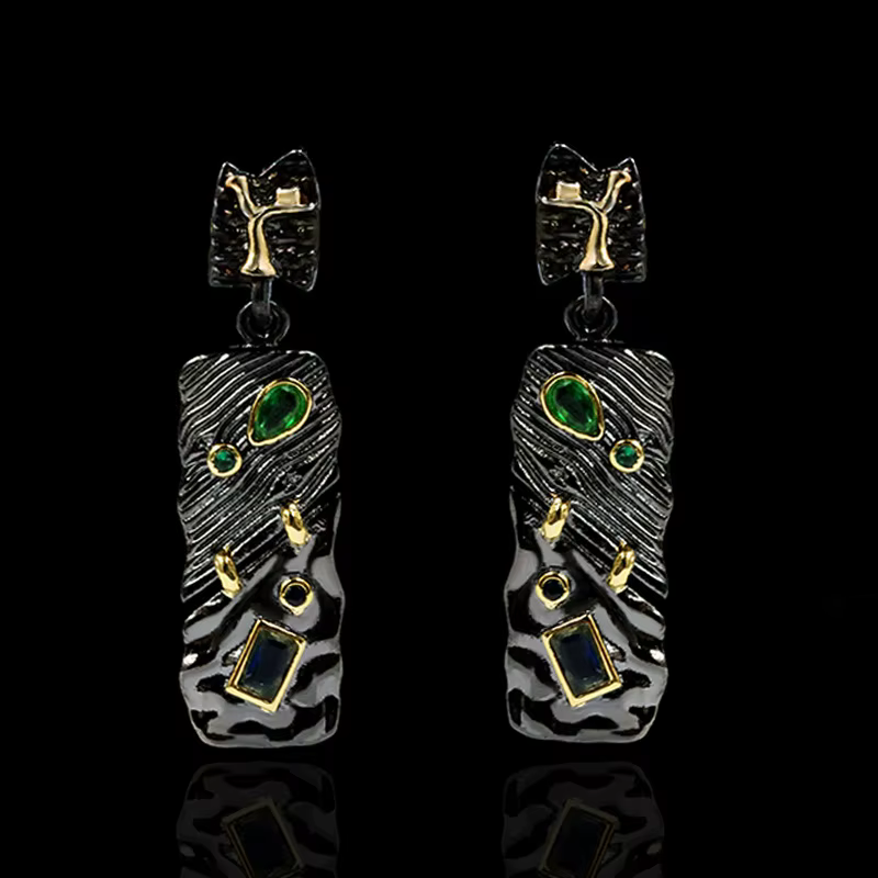 Boucles d'oreilles ethniques rétro en argent 925 plaqué or noir avec pierre verte