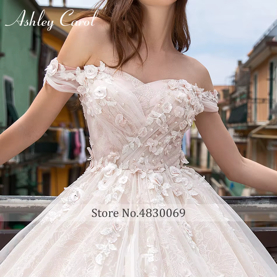 Ashley Carol robe De mariée trapèze romantique dentelle perlée fleurs hors De l'épaule princesse robes