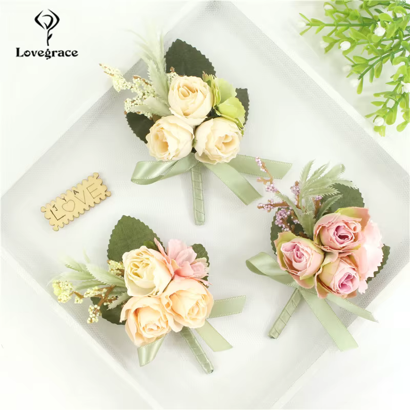 Boutonnière de Mariage en soie Roses Corsage poignet demoiselle d'honneur Bracelet fleurs marié boutonnière costume accessoires Broche Mariage