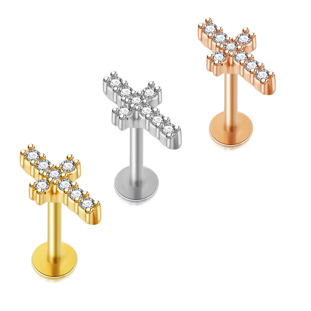 Boucle d'Oreille Plate pour Piercing Tragus avec Fleur en Cristal