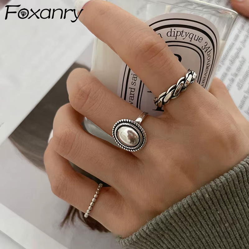 FOXANRY Couleur Argent Anneaux Couples Accessoires INS Mode Vintage Twist Design Forme Ronde Géométrique Thai Argent Bijoux