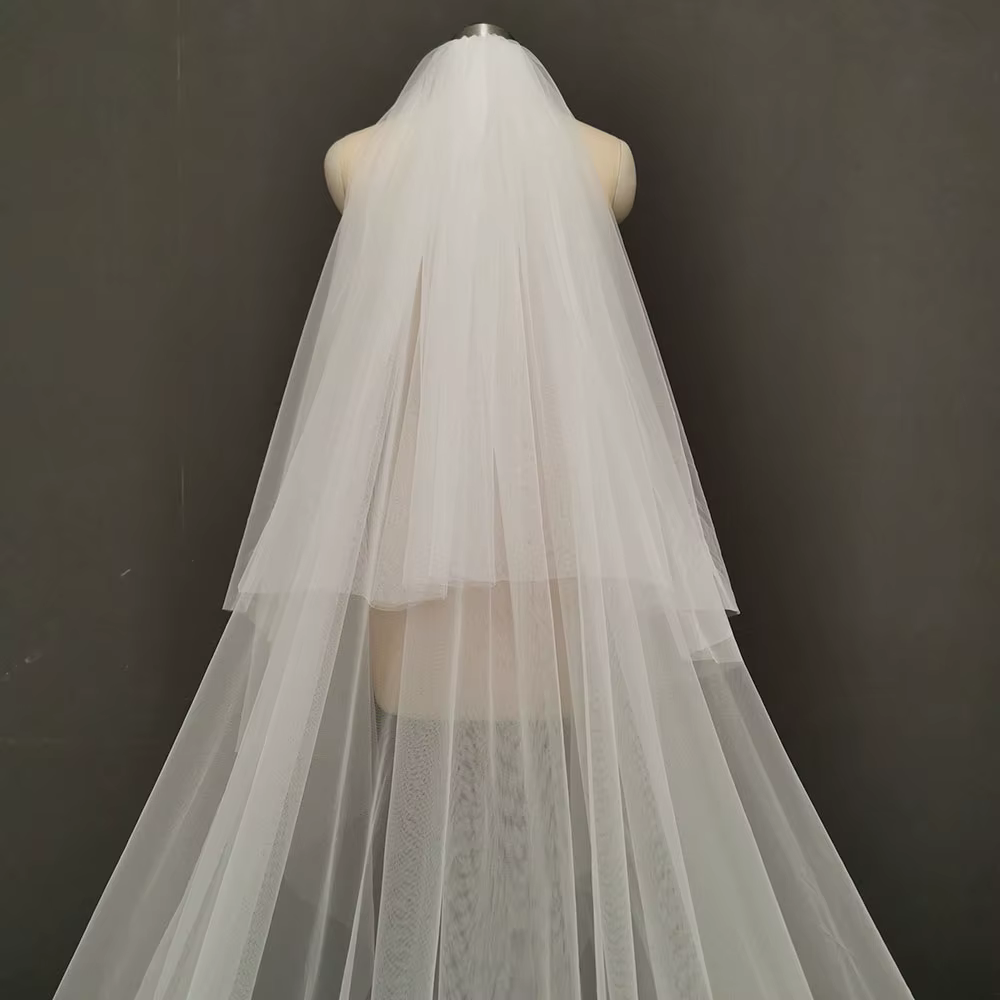 Photos réelles personnalisées 2 T longue dentelle voile de mariage 4 mètres blanc ivoire