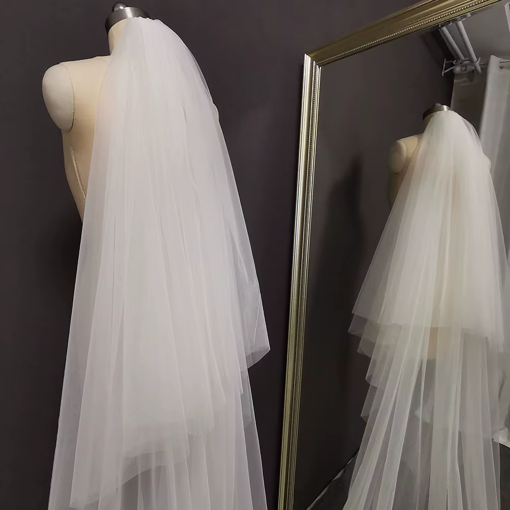 Photos réelles personnalisées 2 T longue dentelle voile de mariage 4 mètres blanc ivoire